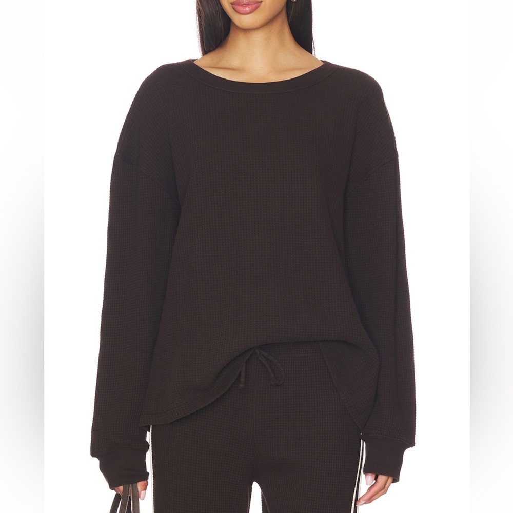 DONNI. Dark Brown Waffle-Knit Pullover Top